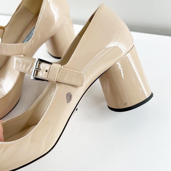 Prada Patent Leather Block Heel Square Toe Mary Jane Pumps Shoes Nude 38.5 - Picture 11 of 12